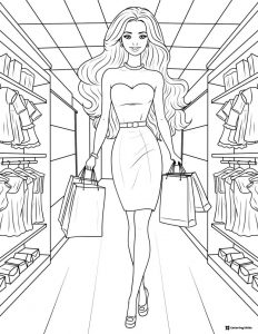 Barbie Shopping Coloring Page with Bags