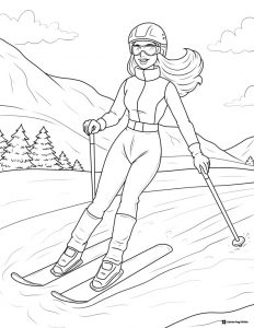 Barbie Skiing Coloring Page in Mountains