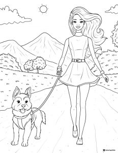 Barbie Walking Dog Coloring Page in Mountains