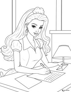 Barbie Writing Coloring Page at Desk with Lamp