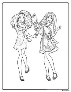 Barbie and Friend Coloring Page in Stylish Dresses