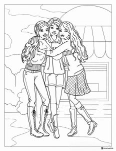 Barbie and Friends Coloring Page Hugging Outdoors
