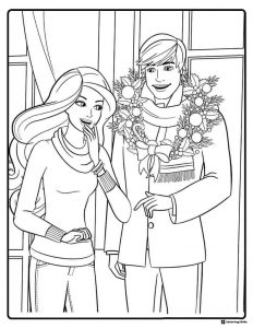 Barbie and Ken Coloring Page with Christmas Wreath