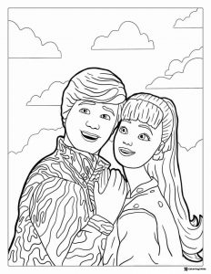 Barbie and Ken Coloring Sheet with Cloudy Sky Background