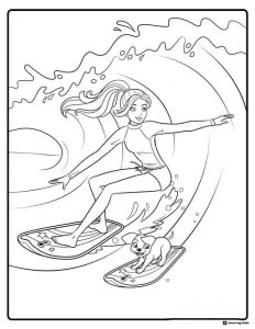 Barbie and Puppy Surfing Coloring Sheet on Waves