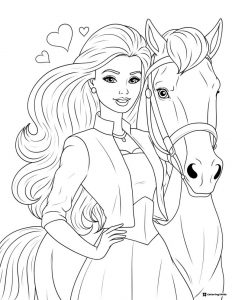 Barbie with Horse Coloring Page with Hearts