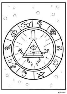 Bill Cipher in wheel of symbols coloring page