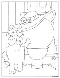 Bluey Bathroom Coloring Sheet with Fancy Toilet Hat