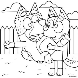 Bluey Carrying Dad Coloring Page with Backyard Fence
