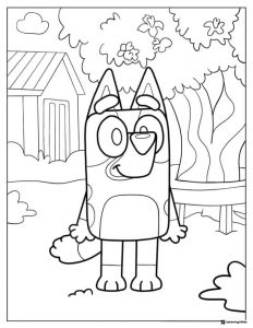 Bluey Character Coloring Page in a Garden Yard