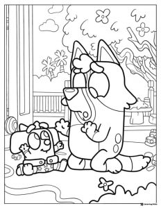 Bluey Character Coloring Page with Baby in Toy Filled Room
