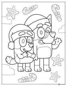Bluey Christmas Coloring Page with Santa Hats and Candy Canes