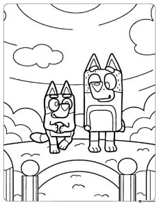 Bluey Coloring Page of Two Characters Talking on a Bridge