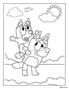 Bluey Coloring Page with Bluey Riding on Dads Shoulders in the Sun