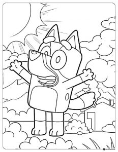 Bluey Coloring Page with Excited Pose in the Sunshine