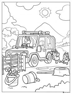 Bluey Coloring Page with Jeep and Mountain Scenery