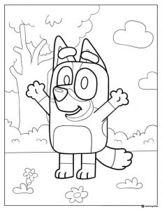 Bluey Coloring Page with Raised Arms Among Flowers
