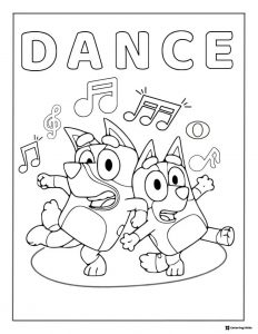 Bluey Dance Party Coloring Page with Music Notes and Happy Moves