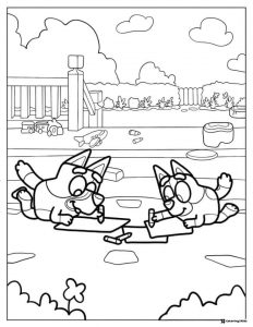 Bluey Drawing on Patio Coloring Page with Toys and Chalk