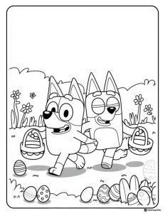 Bluey Easter Egg Hunt Coloring Page with Baskets and Flowers