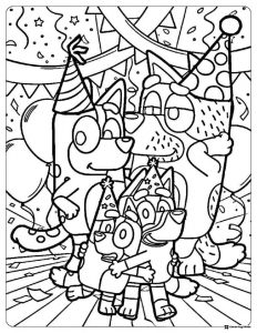 Bluey Family Coloring Page with Party Hats and Confetti
