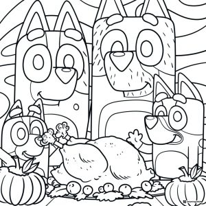 Bluey Family Coloring Page with Thanksgiving Turkey Dinner