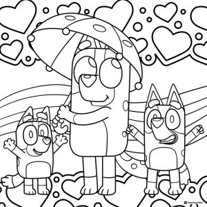 Bluey Family Coloring Page with Umbrella and Hearts Background