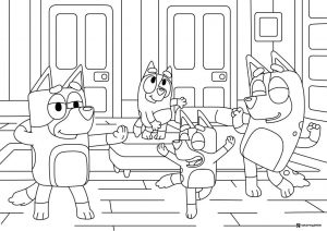 Bluey Family Dance Coloring Page in Living Room Setting