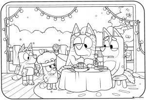 Bluey Family Dinner Coloring Page with Outdoor String Lights