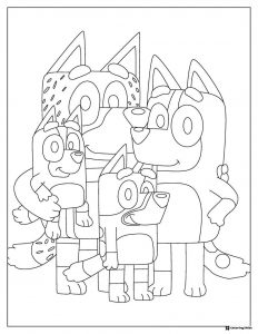 Bluey Family Portrait Coloring Page with All Four Members