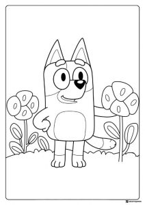Bluey Garden Scene Coloring Page with Big Flower Bushes