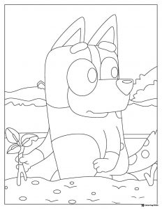 Bluey Gardening Coloring Page Holding a Sprout