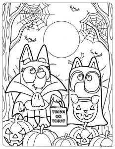 Bluey Halloween Coloring Page in Pumpkin Costumes
