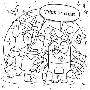 Bluey Halloween Coloring Page with Costumes and Treats