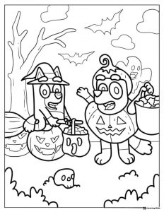 Bluey Halloween Coloring Page with Pumpkins and Ghost