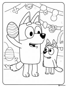 Bluey Holding an Easter Egg Coloring Page with Party Decorations