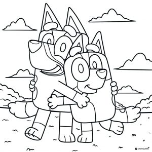 Bluey Hugging Bingo Coloring Page with Cloudy Sky