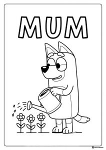 Bluey Mum Watering Flowers Coloring Page with Bold Title