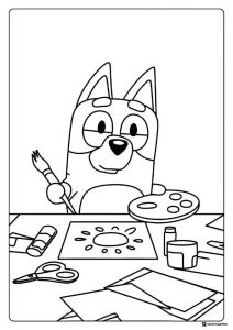 Bluey Painting Craft Coloring Page with Brush and Art Supplies