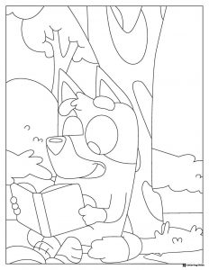 Bluey Reading Coloring Sheet Under a Tree