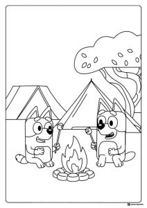 Bluey Roasting Marshmallows Coloring Page with Tents and Fire
