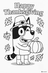 Bluey Thanksgiving Coloring Page with Pumpkin and Leaves