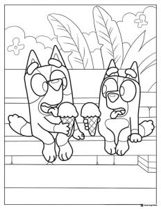 Bluey and Bingo Eating Ice Cream Coloring Page on Bench