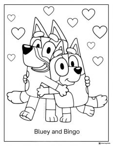 Bluey and Bingo Hugging Coloring Page with Floating Hearts