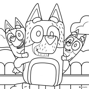 Bluey and Dad Coloring Page with Kids Hugging from Behind