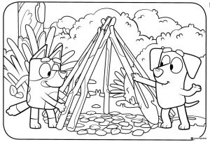 Bluey and Friend Building Stick Teepee Coloring Page