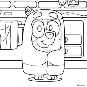 Bluey in Towel Coloring Page in a Cozy Bathroom Scene