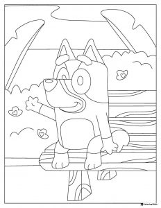 Bluey on a Bench Coloring Page with Floating Hearts