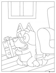 Bluey with Wrapped Gift Coloring Page Indoors