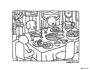 Bobbie Goods animals having dinner party coloring